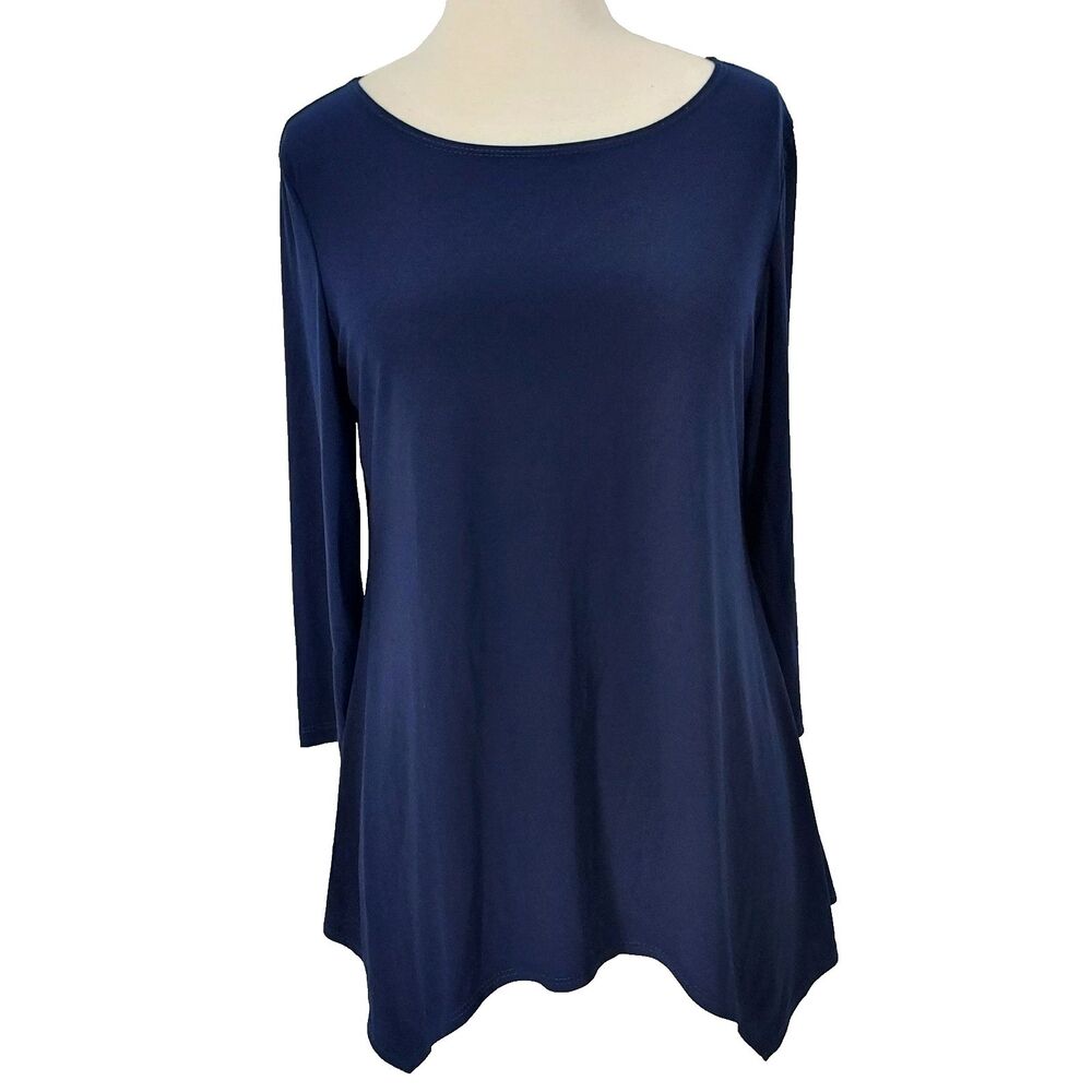 Slinky Brand Womens Tunic Top Sharkbite Hem Stretchy Pullover size Medium Blue